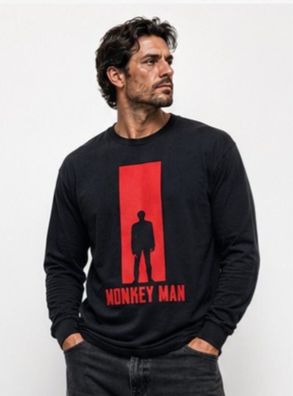 Vintage Monkey Man Movie Black Graphic Long Sleeve Tee XL